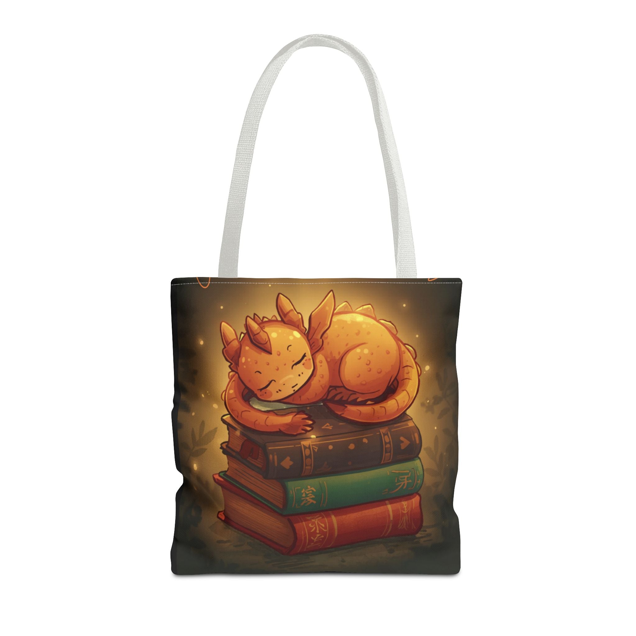 Cute Sleeping Dragon Bookstack Tote Bag — Cozy Fantasy Library Shopper