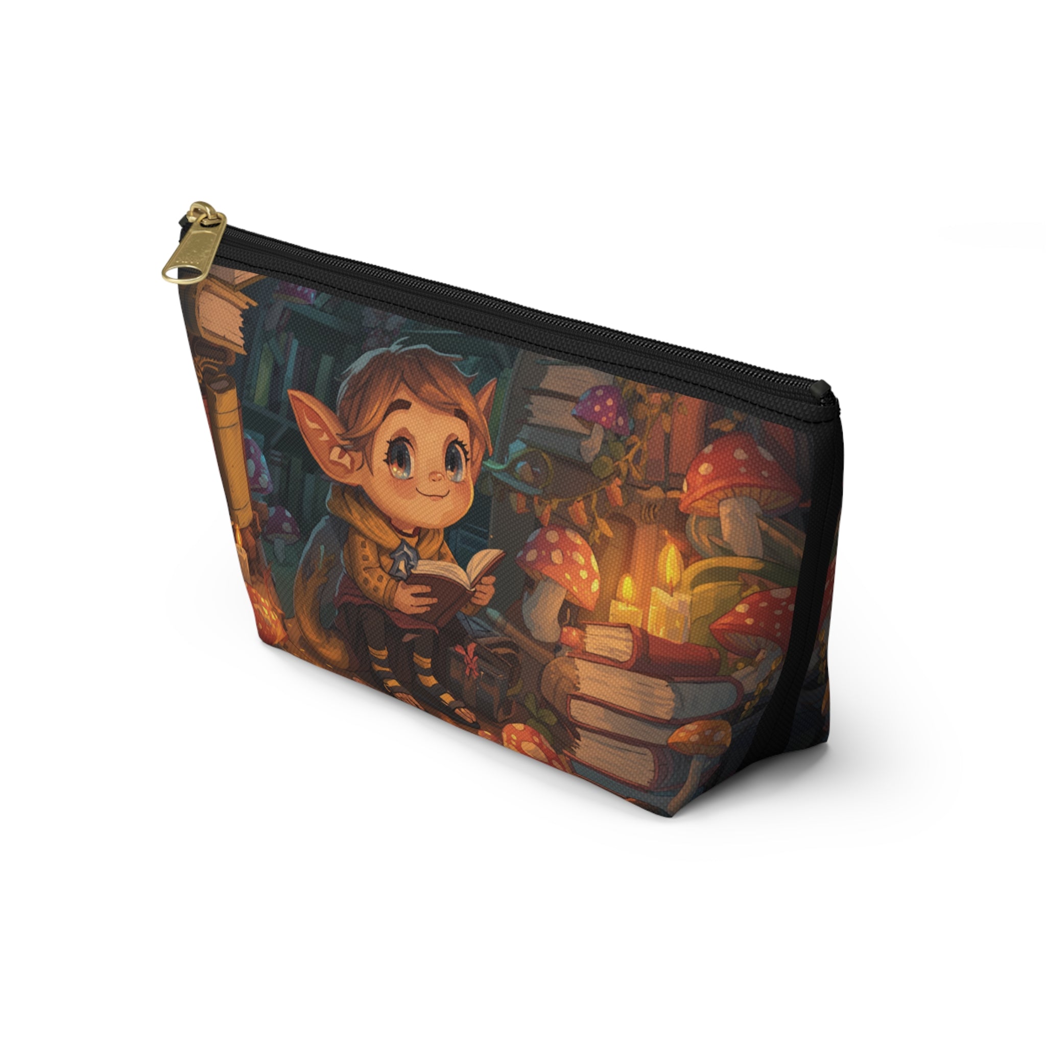 Enchanted Library Accessory Pouch — Cute Elf Reading Among Mushrooms