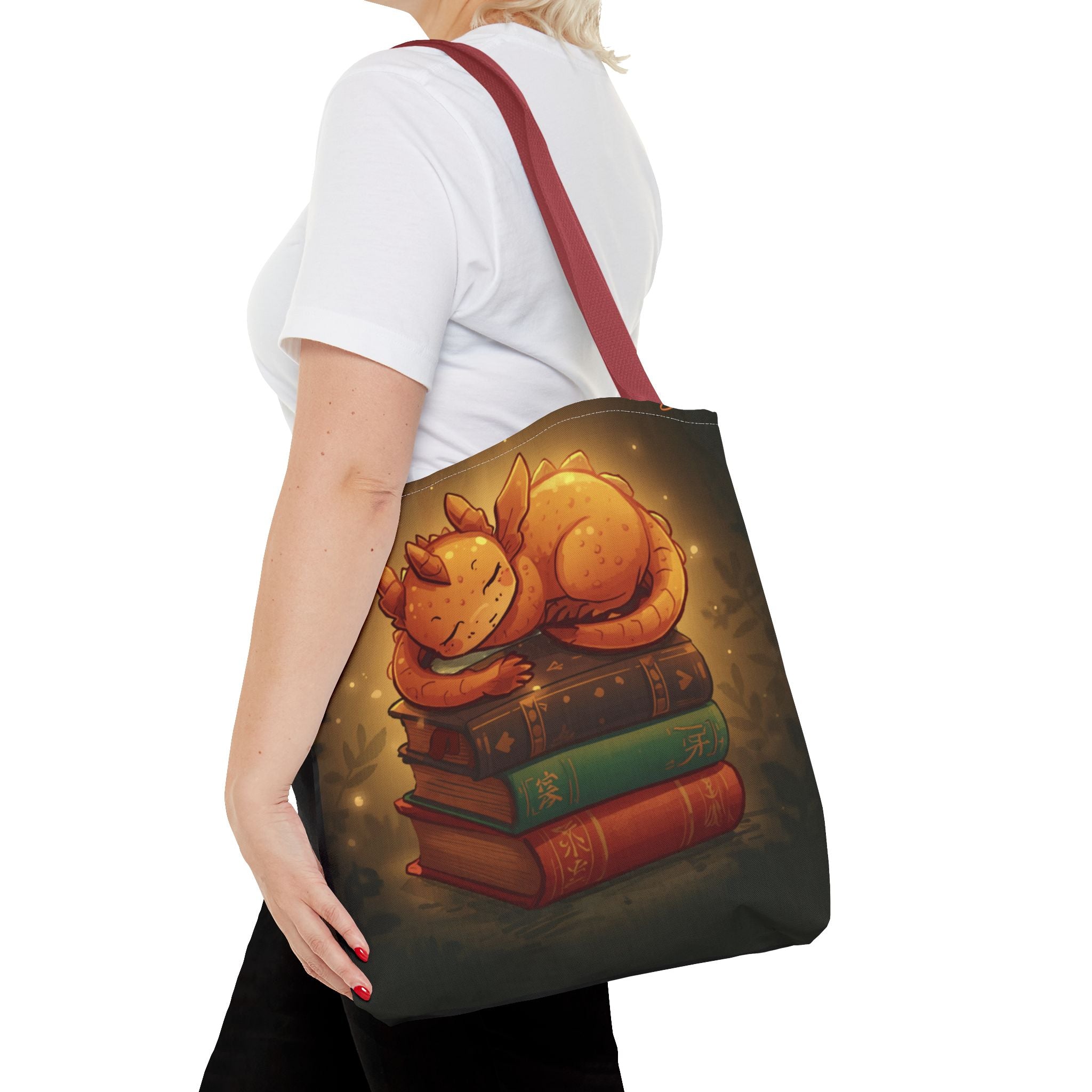 Cute Sleeping Dragon Bookstack Tote Bag — Cozy Fantasy Library Shopper