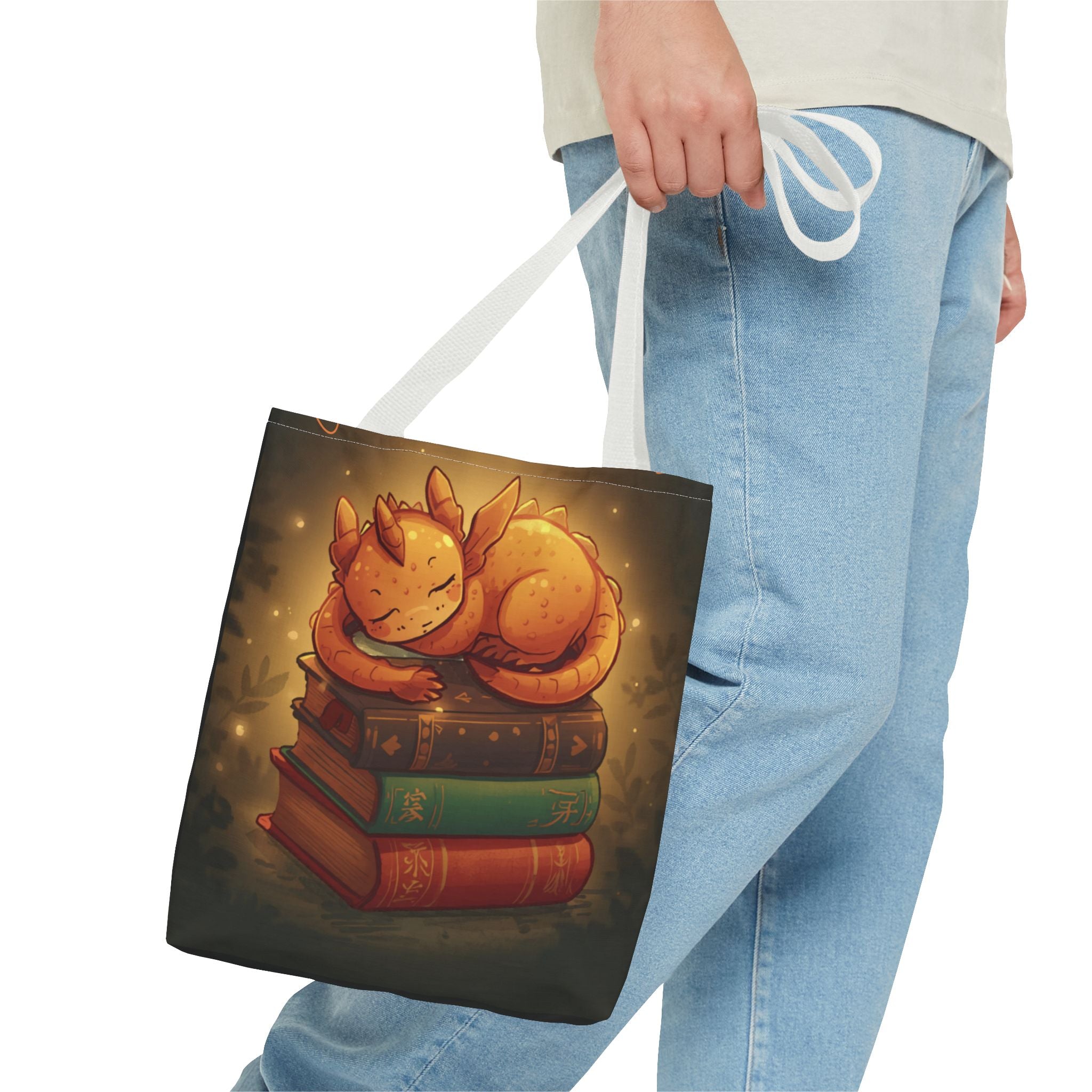 Cute Sleeping Dragon Bookstack Tote Bag — Cozy Fantasy Library Shopper