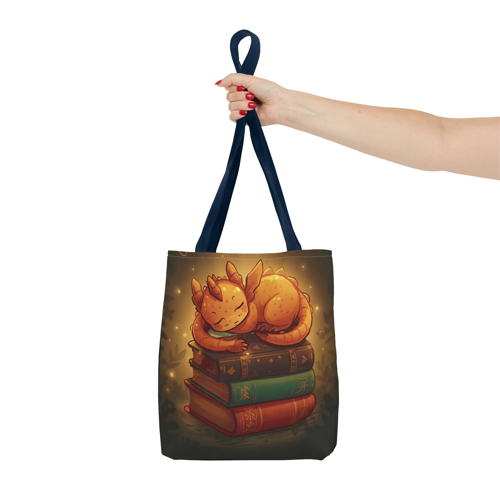 Cute Sleeping Dragon Bookstack Tote Bag — Cozy Fantasy Library Shopper