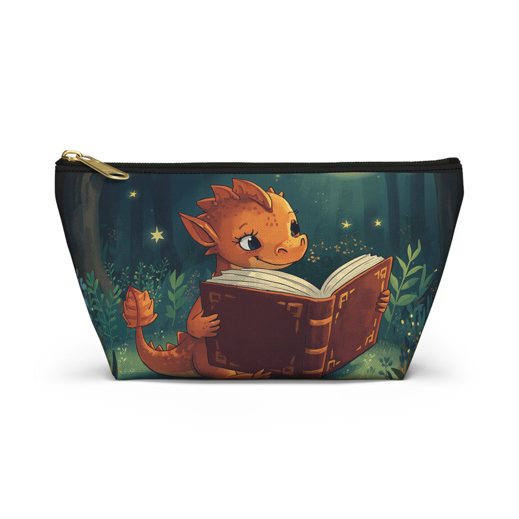 Cute Dragon Reading Book Accessory Pouch — Zippered T‑Bottom Makeup & Pencil Case