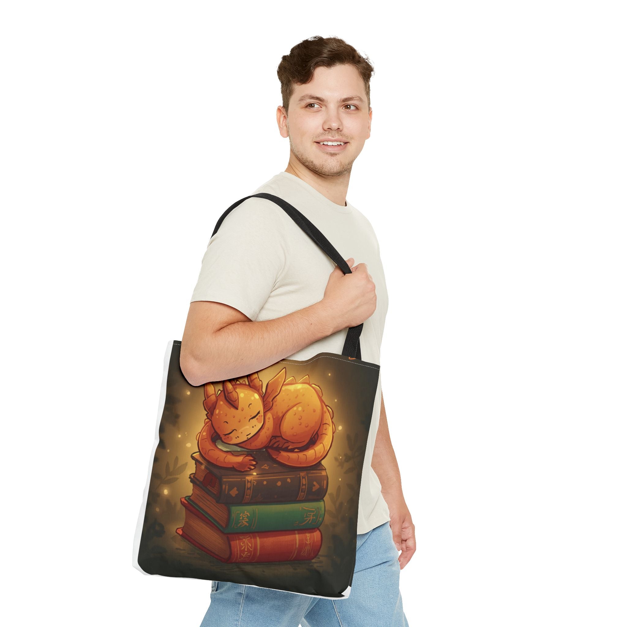 Cute Sleeping Dragon Bookstack Tote Bag — Cozy Fantasy Library Shopper