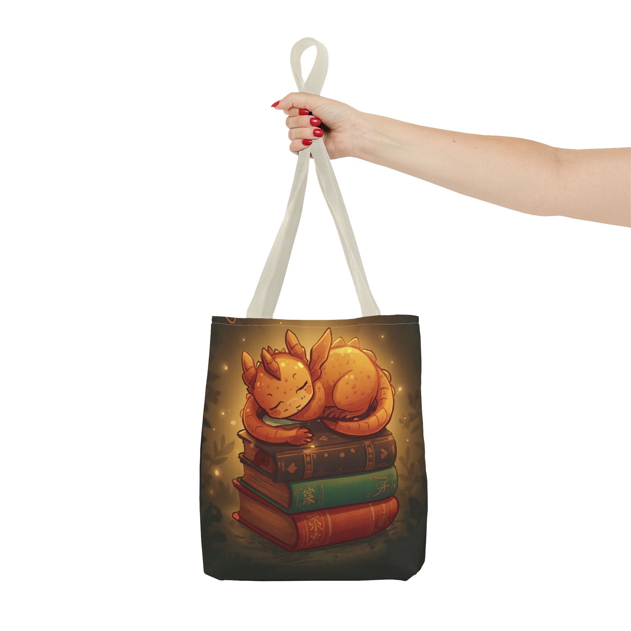 Cute Sleeping Dragon Bookstack Tote Bag — Cozy Fantasy Library Shopper