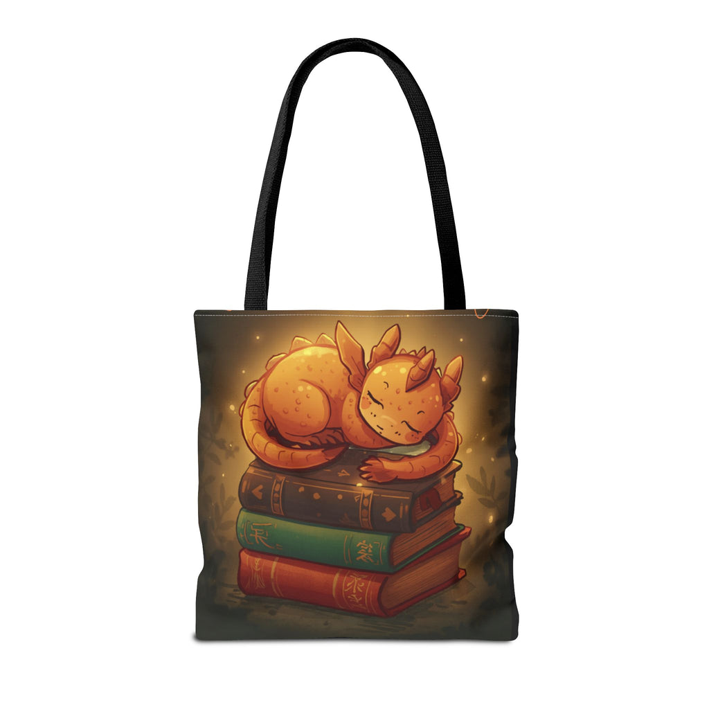 Cute Sleeping Dragon Bookstack Tote Bag — Cozy Fantasy Library Shopper